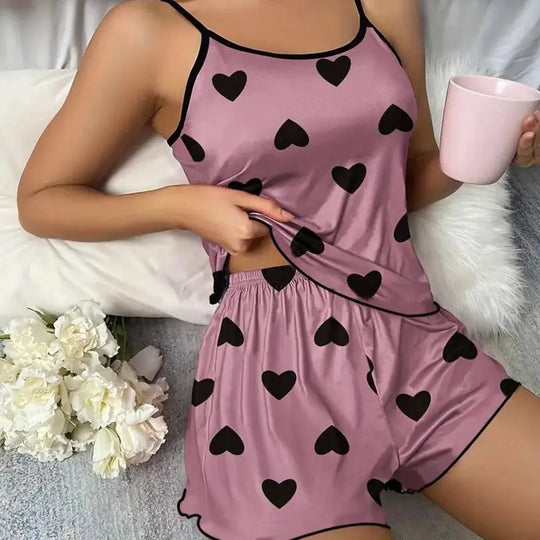 Women's Pajama Set Pajamas T-Shirts Shorts Pink Heart-Shaped Print Round Neck T-Shirt Ice Silk Top Comfortable Casual Summer ﻿ Beauty hair & fashionfj