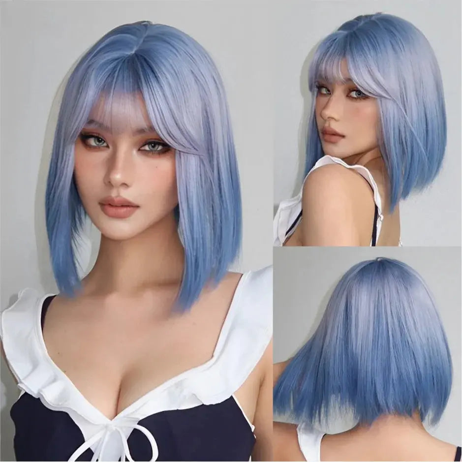 Short Black Brown Synthetic Natural Hair Wigs for Women Bob Straight Wig with Bangs High Temperature Daily Cosplay Party Wigs Beauty hair & fashionfj