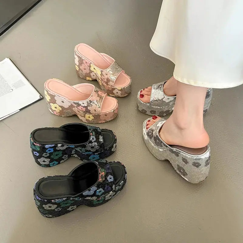 Slippers Women Summer On A Wedge Luxury Slides Shoes Flower Platform Pantofle Designer 2025 Floral Bling Fashion Shoes Woman's S Beauty hair & fashionfj
