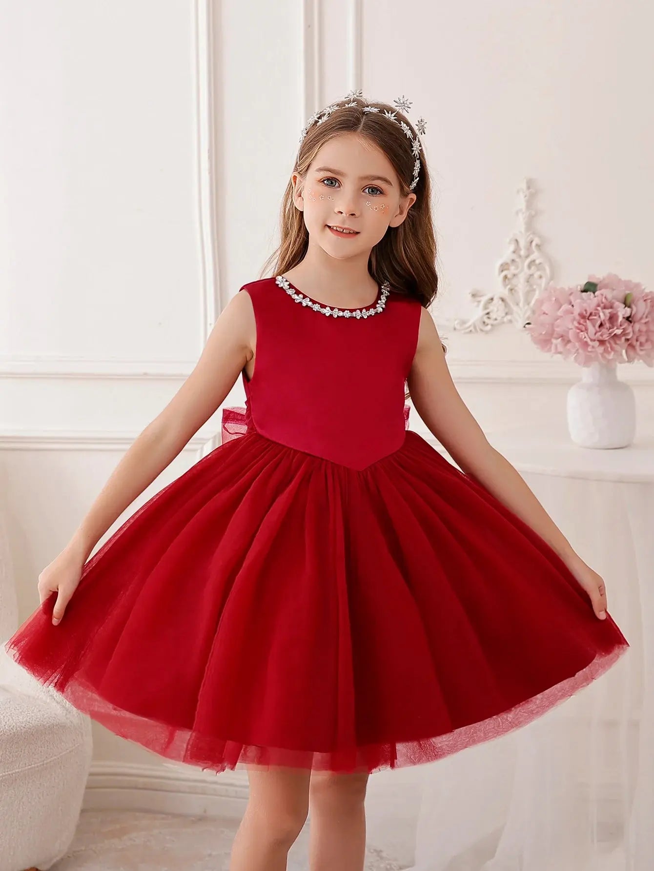 Girls' Christmas Burgundy Dress Suitable for Birthday Parties Weddings and Featuring flower child Gauze Style Beauty hair & fashionfj