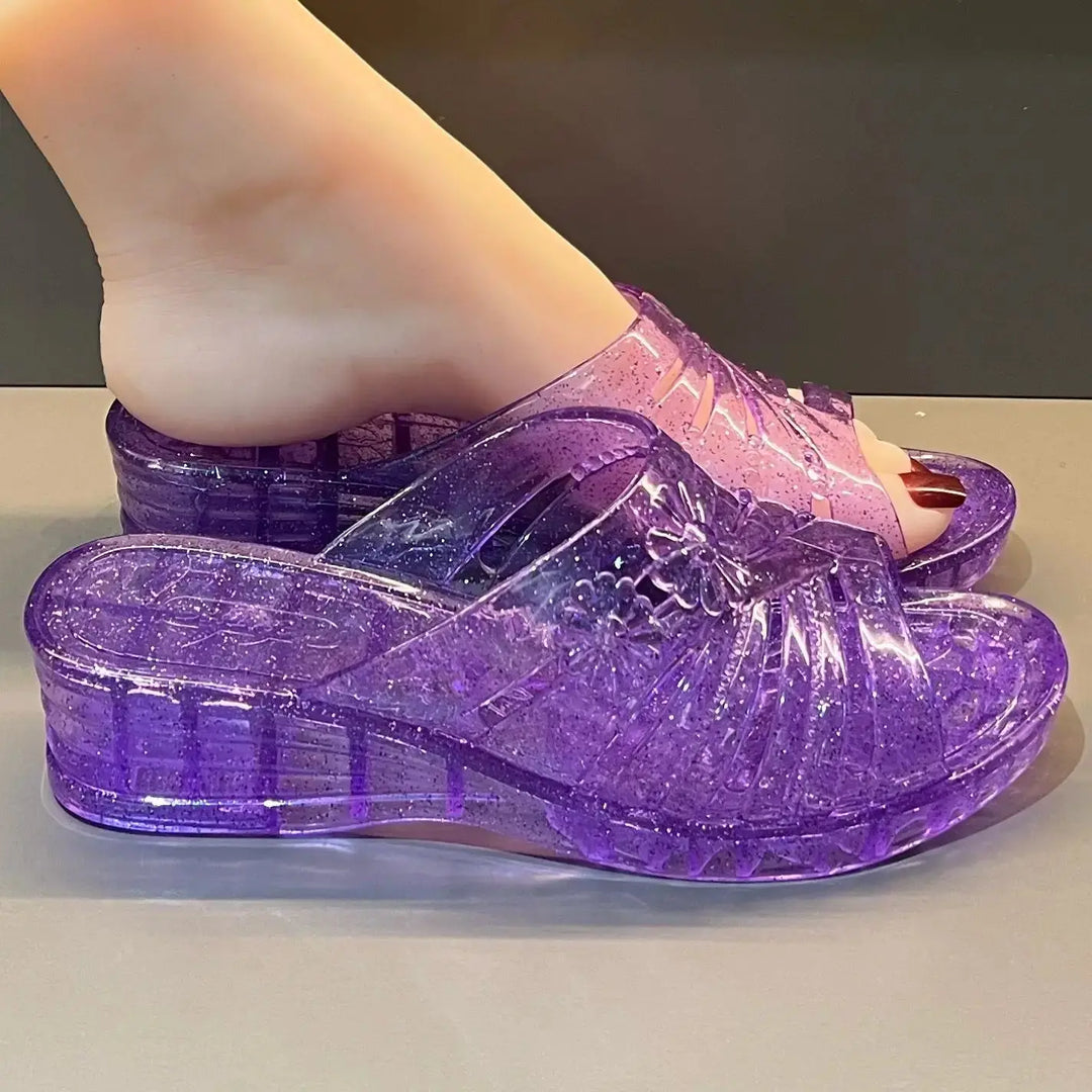 Transparent Jelly Slippers Women's Summer Wedged Heel Mules Shoes Woman Sparkling Glitter Sandal Open Toe Outdoor Clear Slipper Beauty hair & fashionfj