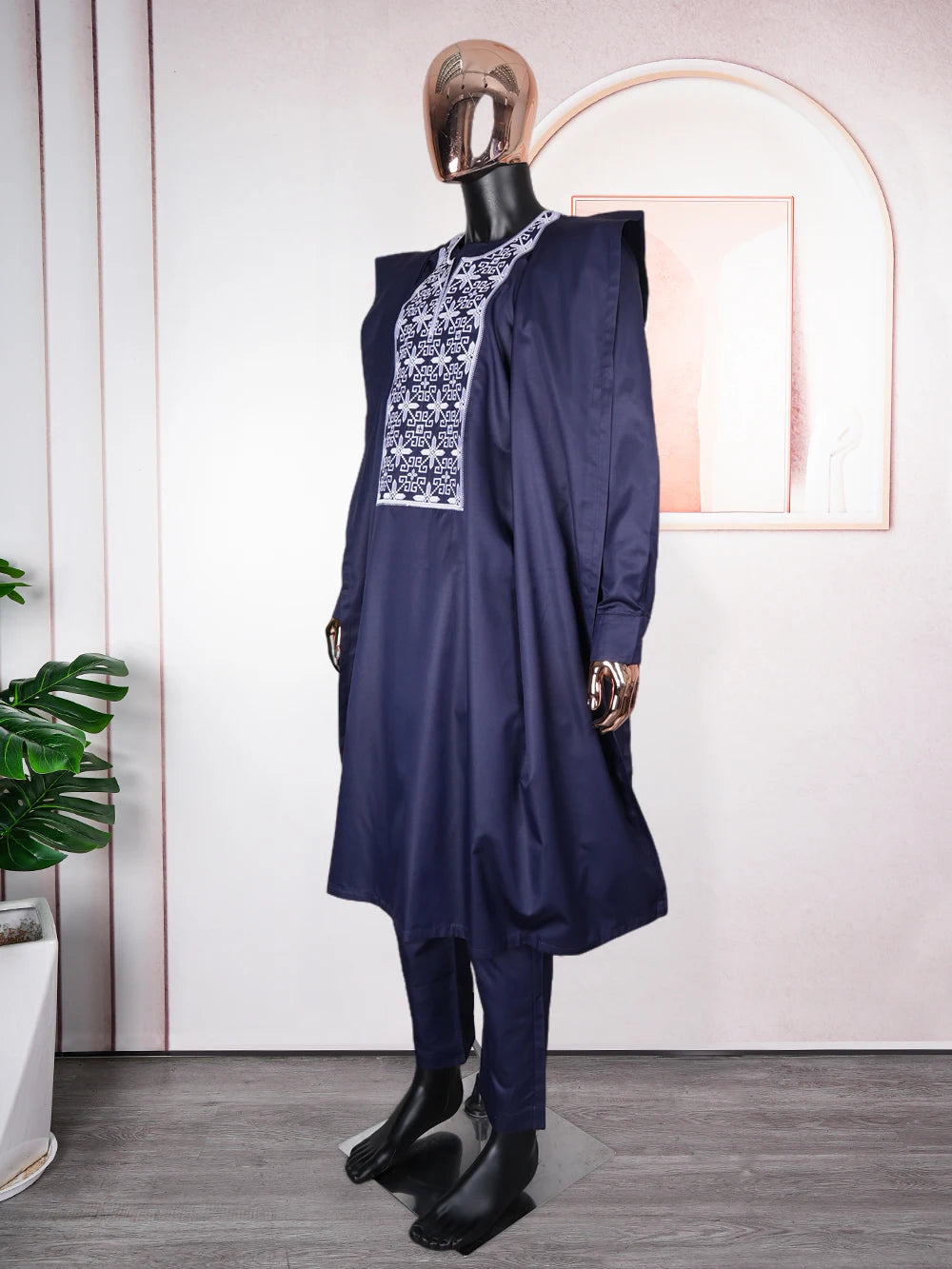 H&D African Suit For Men Robe Shirt Pants Set Long Sleeve Tops Embroidery Agbada Clothes Blue Africain Homme Traditional Robes Beauty hair & fashionfj
