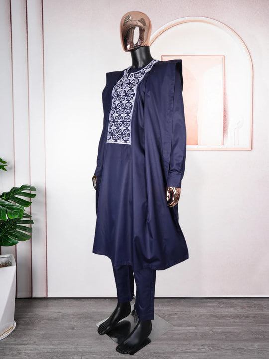 H&D African Suit For Men Robe Shirt Pants Set Long Sleeve Tops Embroidery Agbada Clothes Blue Africain Homme Traditional Robes Beauty hair & fashionfj