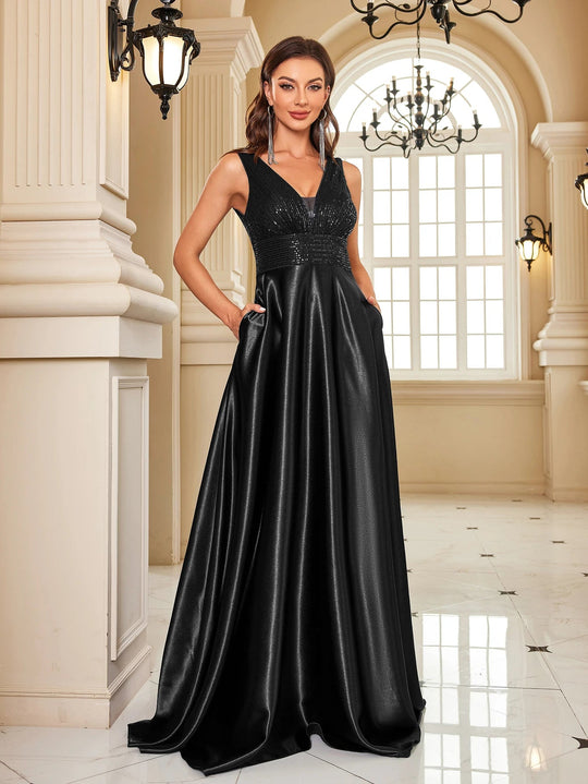 Elegant Sequins Evening Dress For Women 2024 Deep V-neck Satin Prom Party Green Dress Floor Length Blue Formal Gowns Beauty hair & fashionfj
