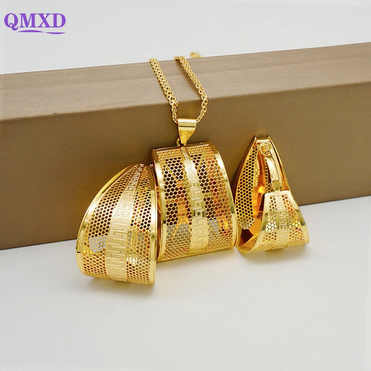 Fashion Dubai Jewelry Sets Gold Color Pendant Copper Classic Earrings Necklace For Women Daily Wear Party Anniversary Gifts