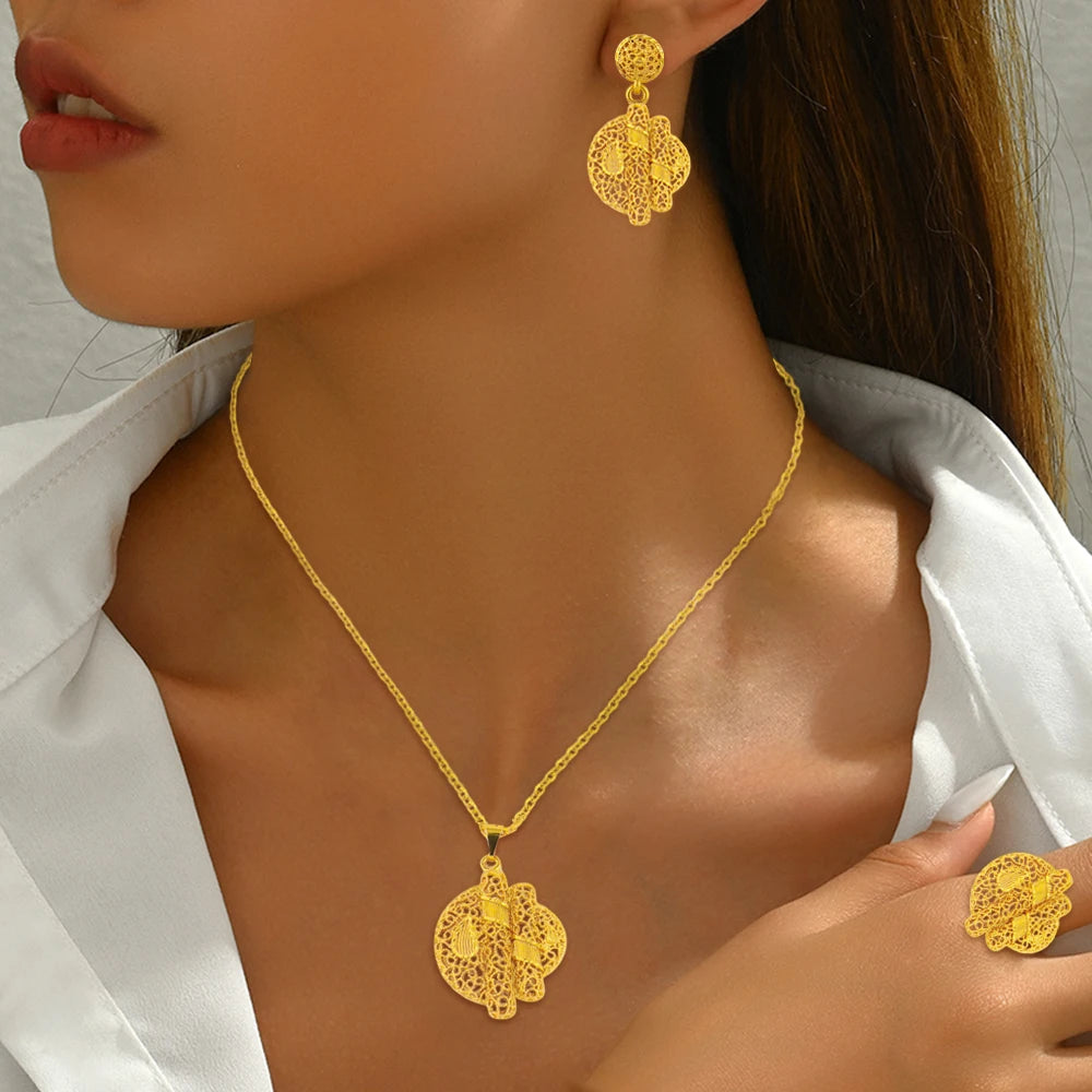 Mid East Gold-plated 3pcs Jewelry Set For Women India Dubai Jewelry Geometry Earrings Necklace Ring Set Apply for Party Wedding
