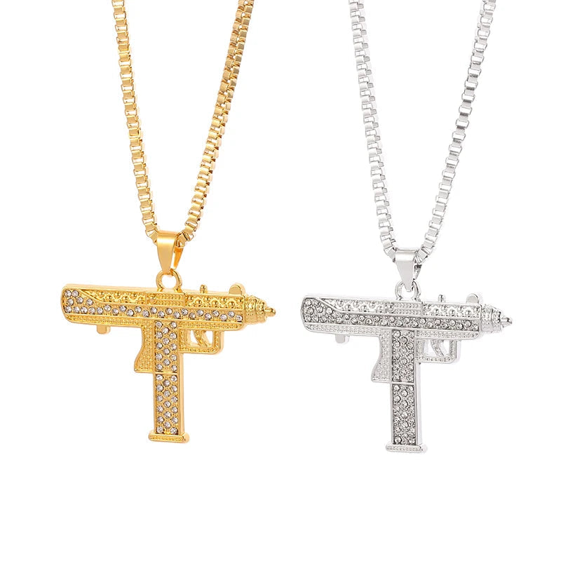 Gold Plated Necklace Uzi Gun Pendant Necklace Alloy Full Crystal Bling Submachine Chain Hip Hop Accessories Male Necklace Beauty hair & fashionfj
