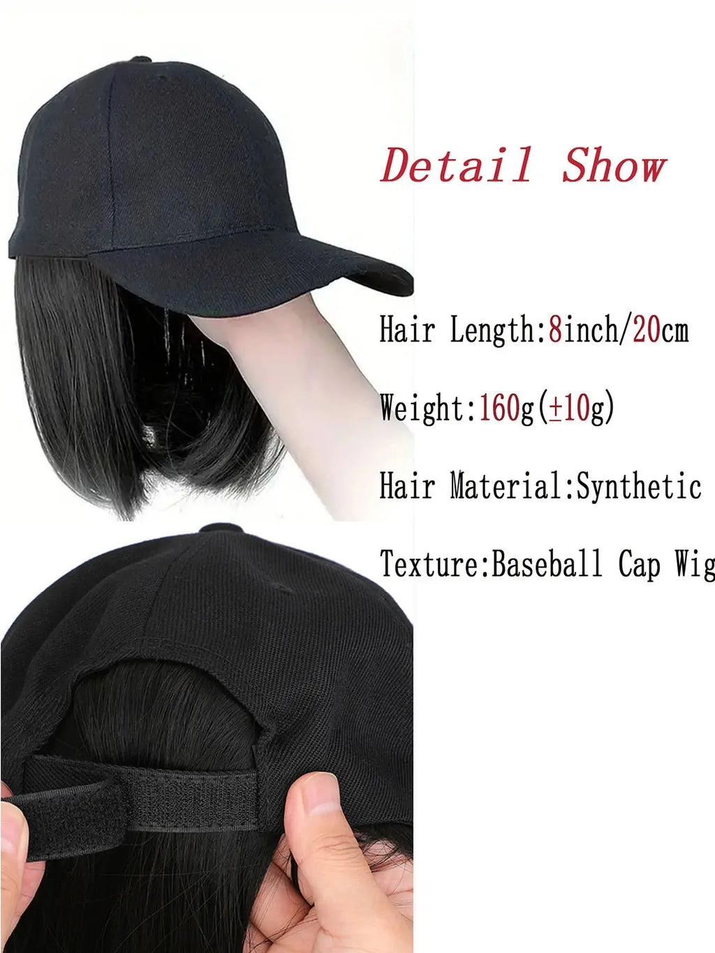 Hat Wigs Synthetic Short Bob Straight Wig With Black Baseball Cap Adjustable Hat Wigs Straight Hair Extensions For Women Fashion Beauty hair & fashionfj