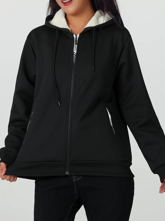 A Winter Women's Jacket, Fleece-Lined and Thickened for Warmth, Loose Casual Women's Outerwear, Polyester Fabric, Zip-Up Front, Side Zipper Pockets, Solid Color Hooded Jacket, Hidden Large Pockets Inside