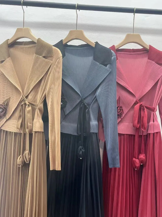 Miyake Pleated Dress 2025 Summer New Suit Collar Loose High-end Temperament Socialite Waist Thin Pleated Women's Clothing