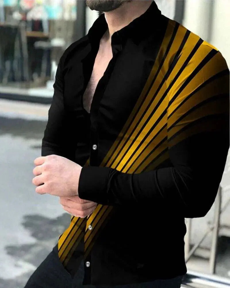 Luxury shirt men's party casual shirt social men's shirt lapel button yellow line shirt printed black long-sleeved men's shirt Beauty hair & fashionfj