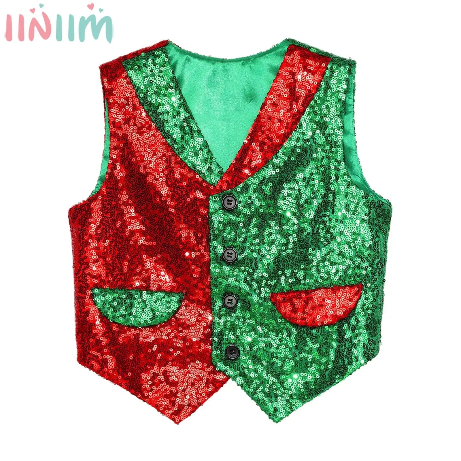 Boys Christmas Clothes Shiny Sequin Vest Halloween Magic Circus Choir Stage Performance Cosplay Costume Jazz Dance Waistcoat