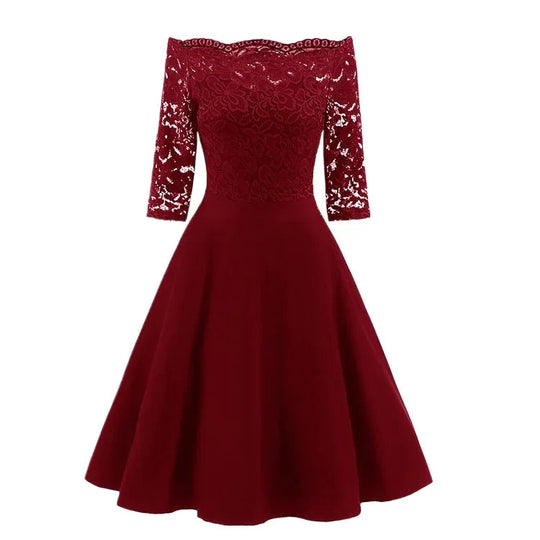 Women Elegant Wedding Bridesmaid Dinner Dress Sexy Lace Off Shoulder Party Dresses Solid Color Half Sleeve Evening Gown Vestido Beauty hair & fashionfj