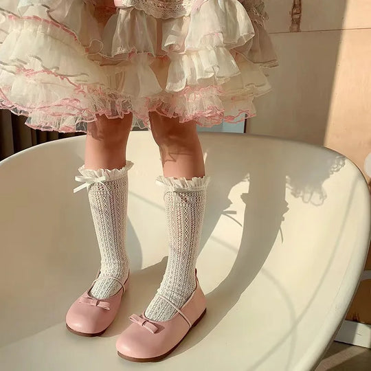 Girls Long Tube Lace Stockings Sweet Bow Jacquard Pattern Mesh Sock Baby Girl Ballet Fishing Net Frilly Socks Lolita Leggings