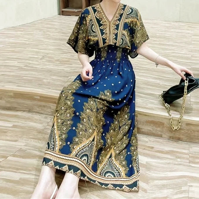 Summer Trend Ethnic V-Neck Printed Women's Dress Vintage Elegant Batswing Sleeves Elastic Waist Large Swing Casual Holiday Dress Beauty hair & fashionfj