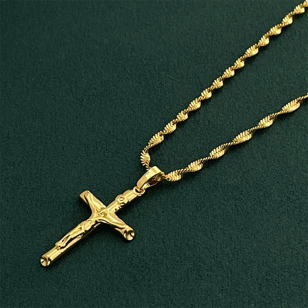 24K Gold AU999 Necklace | 3D double - layer cross, stacked with pearl chain, elegant & layered