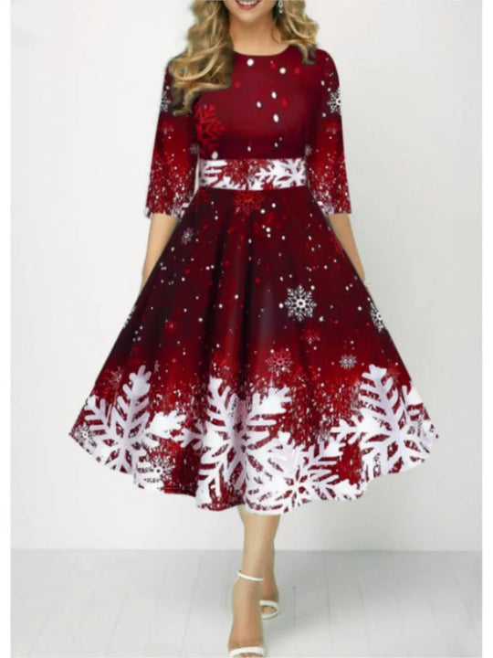 Autumn Winter New Snowflake Digital Print Women's 3/4sleeves Christmas Dress Fashion Waist Elegant Female A Line Christmas Dress Beauty hair & fashionfj