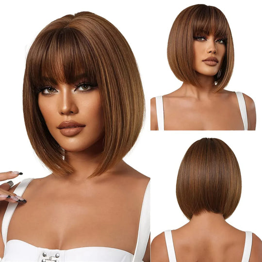 Short Straight Synthetic Bob Wigs for Women Black Burgundy Brown Bob Wig with Bangs Cosplay Wig 12Inch