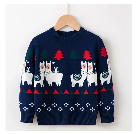 Kid Boys and Girls Casual Long Sleeves Top with Cartoon Prints in Christmas Blue Series Unisex Sweater for Children Comfortable