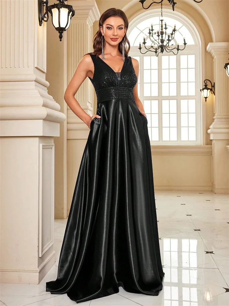 Elegant Sequins Evening Dress For Women 2024 Deep V-neck Satin Prom Party Green Dress Floor Length Blue Formal Gowns Beauty hair & fashionfj