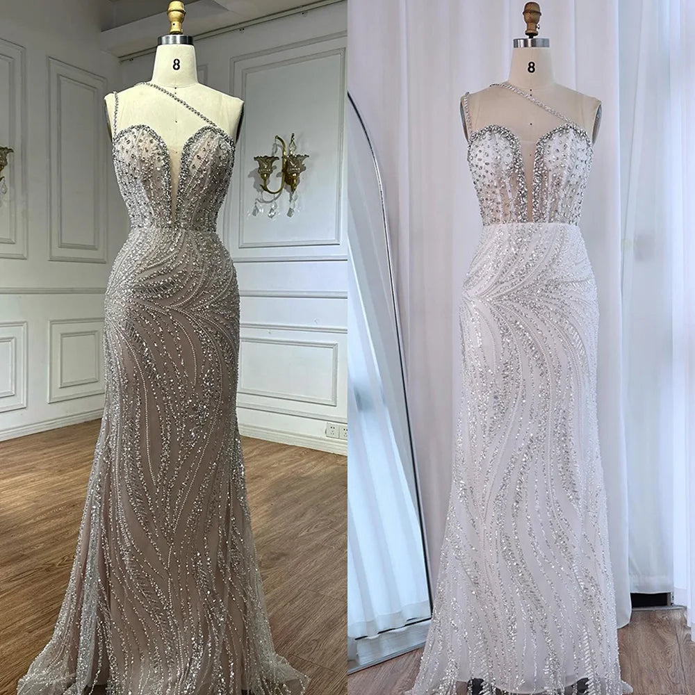 Serene Hill 2025 Customized Nude Beaded One-Shoulder Evening Dresses With Crystal Embellishments For Formal Occasion LA72872 Beauty hair & fashionfj