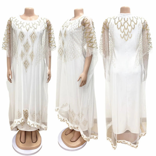 Fake Two-Piece African Dresses for Women 2023 Traditional Nigeria Mesh Hot Drill Caftan Dress Abaya Musulman Robe Femme Clothes Beauty hair & fashionfj