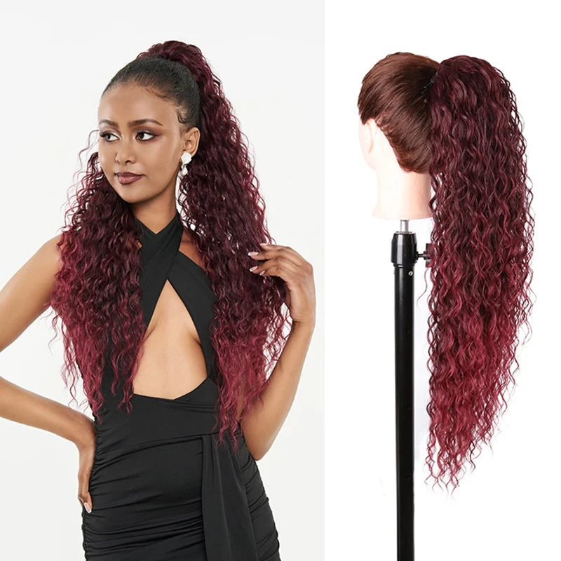 Julianna Synthetic Kanekalon Black Drawstring Water Wave Ponytail Extension Female Curly Wavy Clip In Ponytail Hair Extension