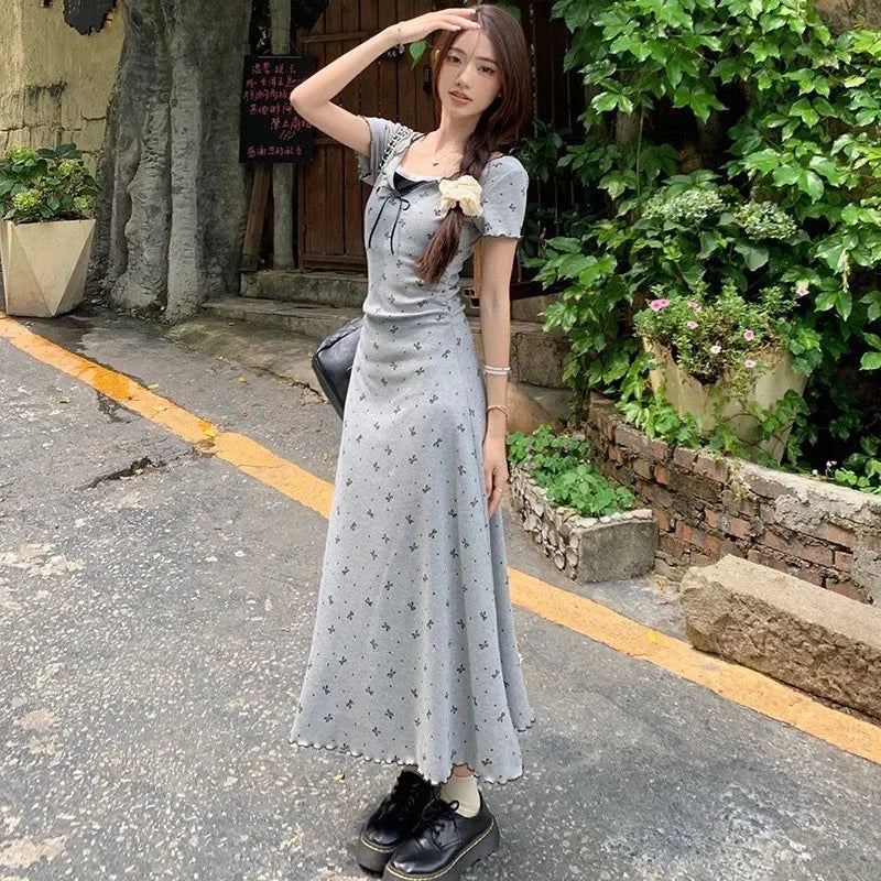 Lucyever Fake Two Piece Bowknot Print Dress Women Summer Lace Patchwork Short Sleeve Dresses Korean Fashion Slim Mini Dress Lady Beauty hair & fashionfj