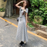 Lucyever Fake Two Piece Bowknot Print Dress Women Summer Lace Patchwork Short Sleeve Dresses Korean Fashion Slim Mini Dress Lady Beauty hair & fashionfj