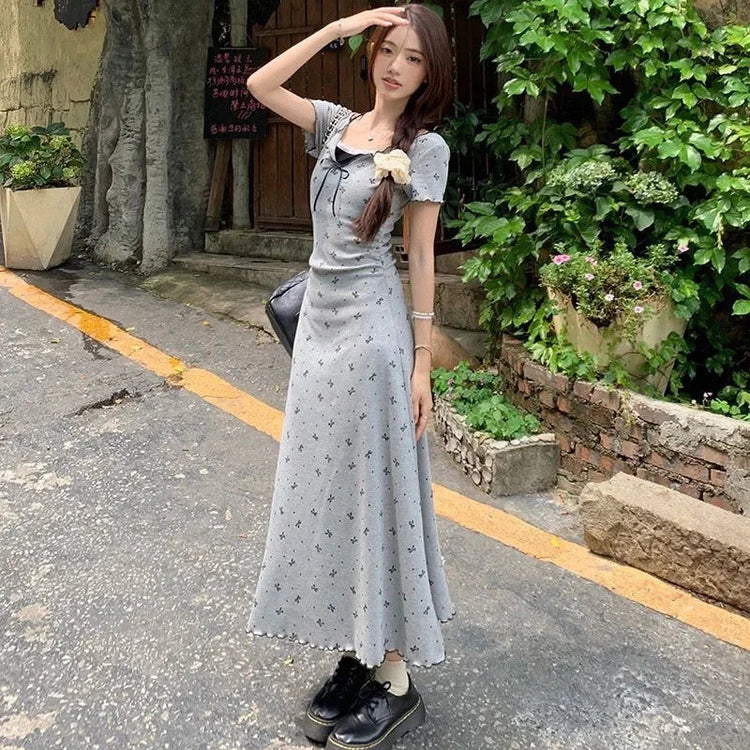 Lucyever Fake Two Piece Bowknot Print Dress Women Summer Lace Patchwork Short Sleeve Dresses Korean Fashion Slim Mini Dress Lady Beauty hair & fashionfj