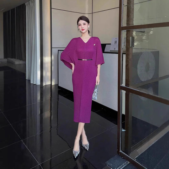 Miyake Pleats 2025 Spring Clothes New V-neck Foreign Style Bat Sleeve Lace-up Skirt Waist and Thin Magic Dress Women Beauty hair & fashionfj