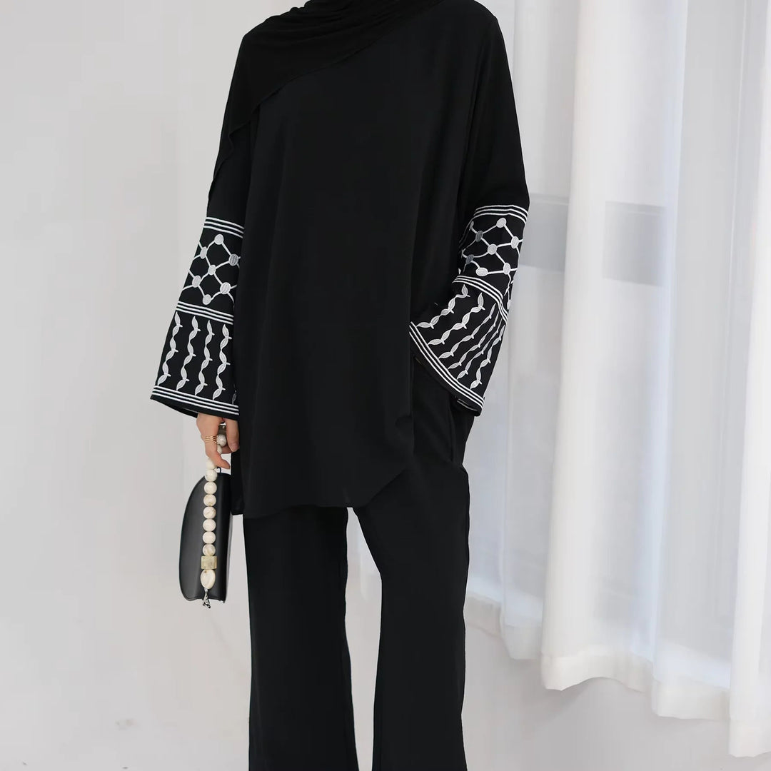 2PCS Embroidery Muslim Women Long Sleeve Tops Pants Set Dubai Turkey Outfits Islamic Clothing Kebaya Eid Ramadan Robe Abaya Suit Beauty hair & fashionfj
