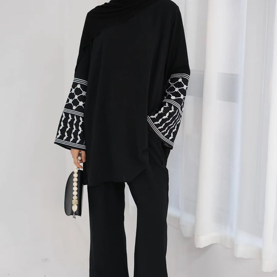 2PCS Embroidery Muslim Women Long Sleeve Tops Pants Set Dubai Turkey Outfits Islamic Clothing Kebaya Eid Ramadan Robe Abaya Suit Beauty hair & fashionfj