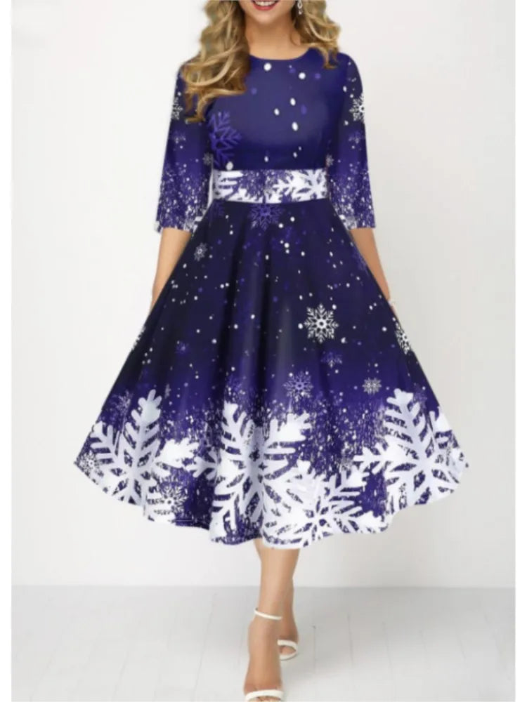 Autumn Winter New Snowflake Digital Print Women's 3/4sleeves Christmas Dress Fashion Waist Elegant Female A Line Christmas Dress Beauty hair & fashionfj
