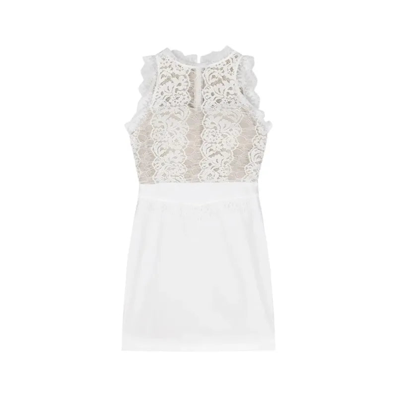 Lace Mini Dress Women Sleeveless Slim Waist Dresses Splice Hip Wrap Korean Round Neck Hollow Out Sweet Solid Summer Wear Beauty hair & fashionfj