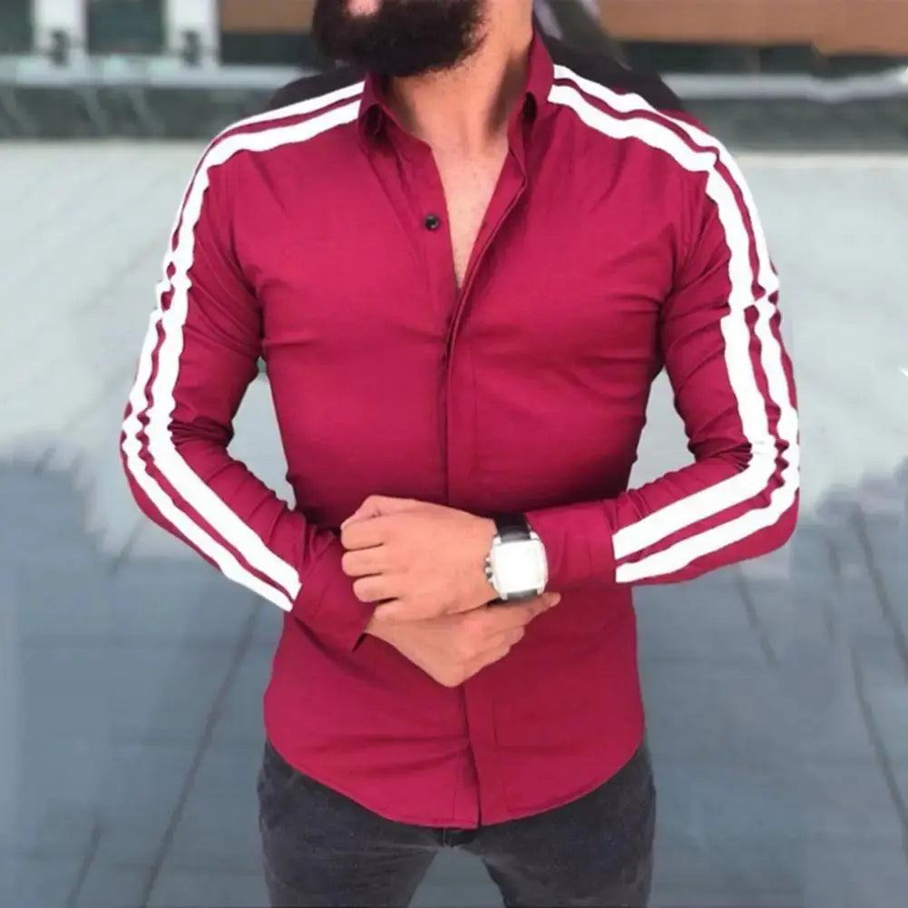 Long Sleeve Turn-down Collar Men Shirt Button Cuffs Side Striped Slim Office Shirt Leisure Clothing Casual Shirt korean popular Beauty hair & fashionfj