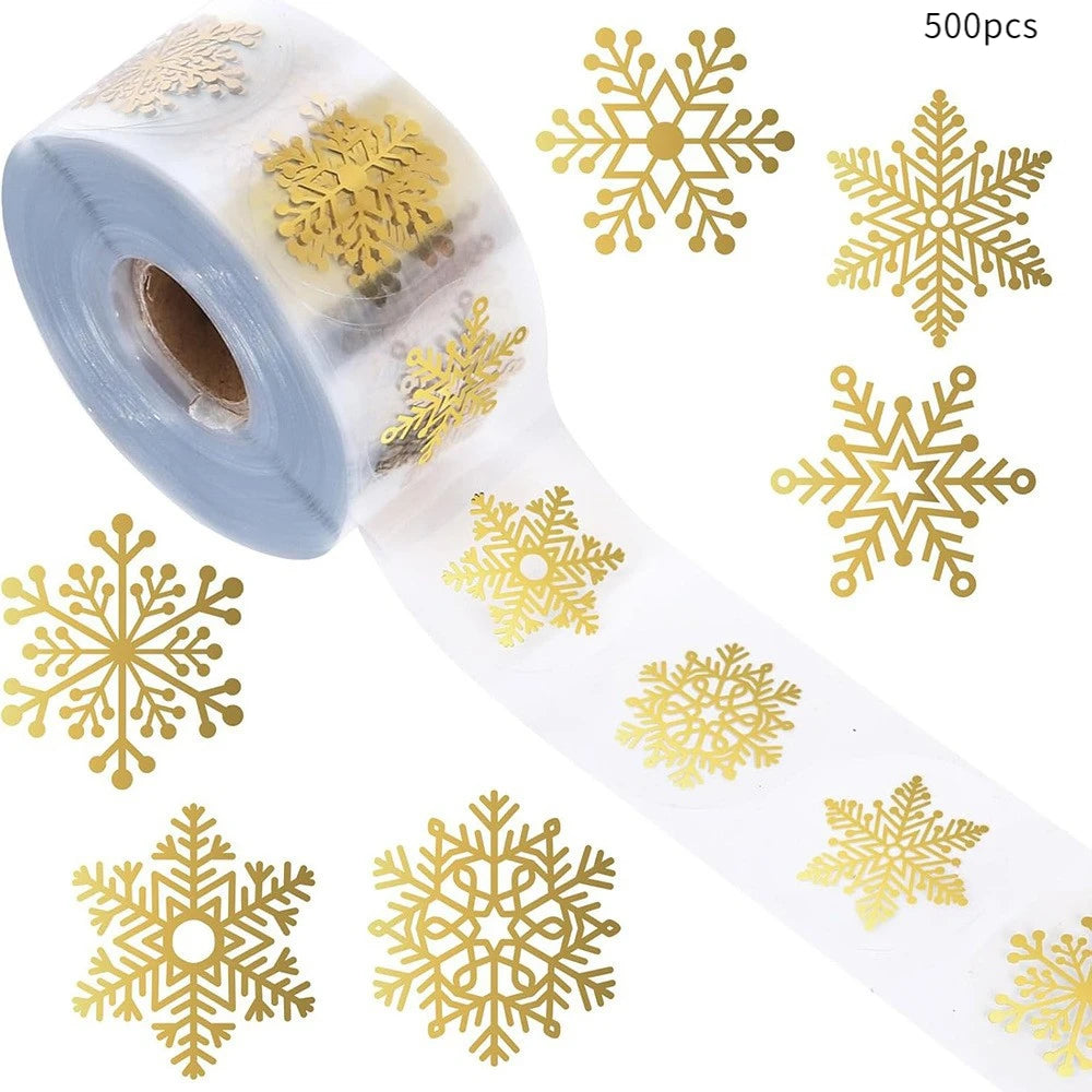 100pcs/500pcsChristmas Golden Snowflake Sticker1Volume，Transparent Round Gold Stamping Snowflake Adhesive Seal Sticker，Suitable
