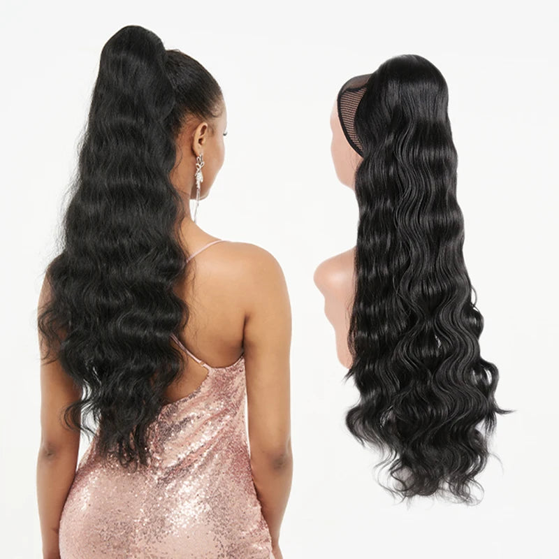 Julianna Synthetic Kanekalon Black Drawstring Water Wave Ponytail Extension Female Curly Wavy Clip In Ponytail Hair Extension