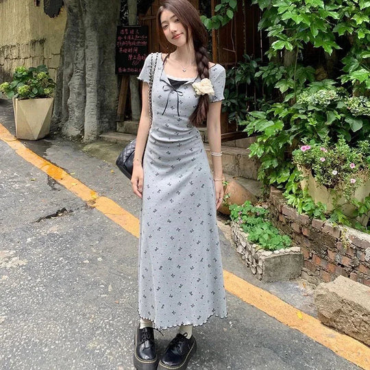 Lucyever Fake Two Piece Bowknot Print Dress Women Summer Lace Patchwork Short Sleeve Dresses Korean Fashion Slim Mini Dress Lady Beauty hair & fashionfj