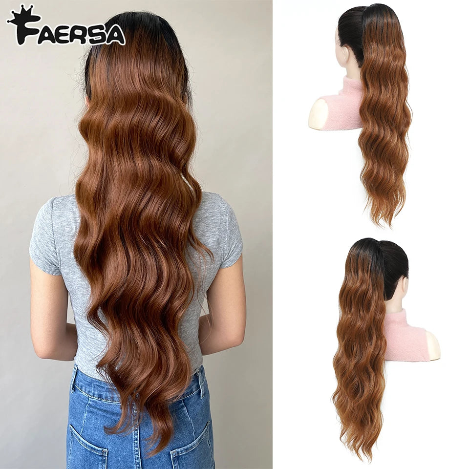 28 Inch Drawstring Ponytail Synthetic Hair Extensions For Black Women Long Wavy Clip-in High Temperature Pony Tail For Afro Girl