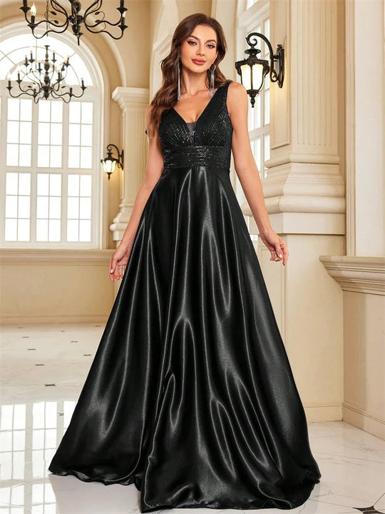 Elegant Sequins Evening Dress For Women 2024 Deep V-neck Satin Prom Party Green Dress Floor Length Blue Formal Gowns Beauty hair & fashionfj