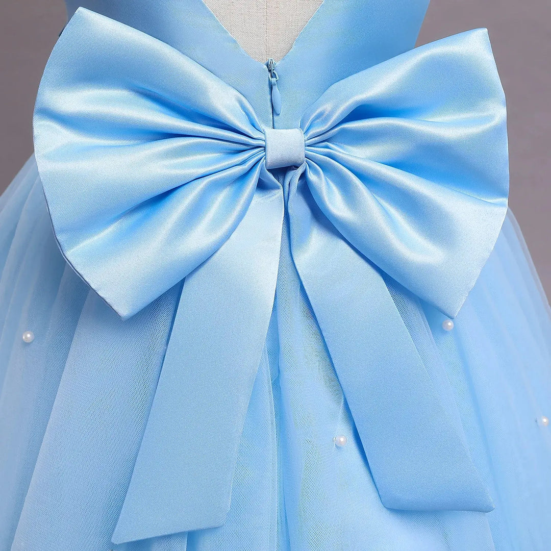 Toddler Baby Girl Birthday Party Dresses Backless Bow Beading Blue Princess Dress Newborn Infant Baptism Ceremony Costume 1-5Yrs Beauty hair & fashionfj