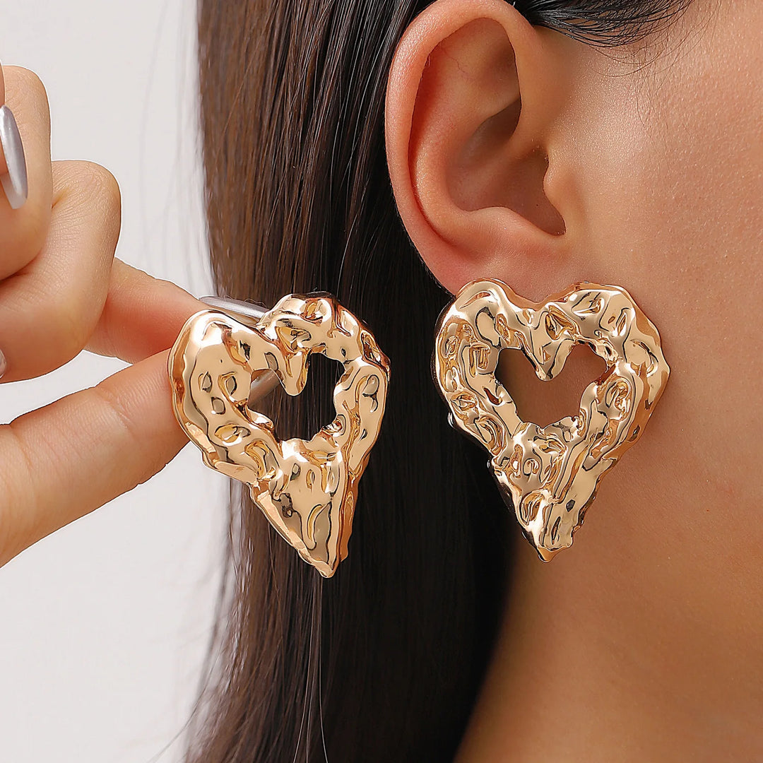 Exaggerated Gold Color Heart Oval Earrings For Women Metal Earing Jewelry 2025 Trending Irregular Wrinkled Geometric Earrings