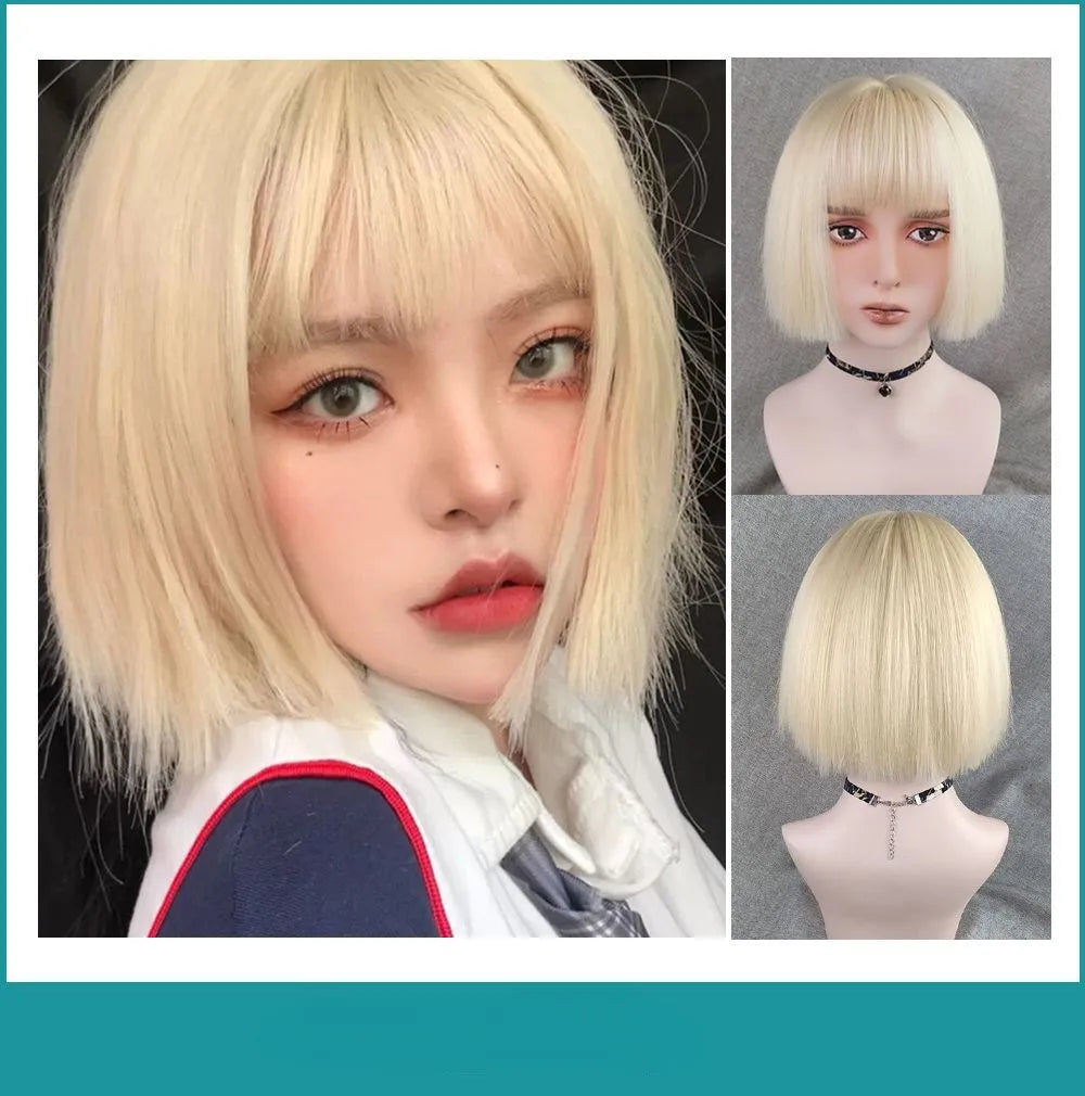 Short Bob Straight Synthetic Blonde Wig With Bangs Girl Female Crochet Hair Silver White Pink Orange Wig