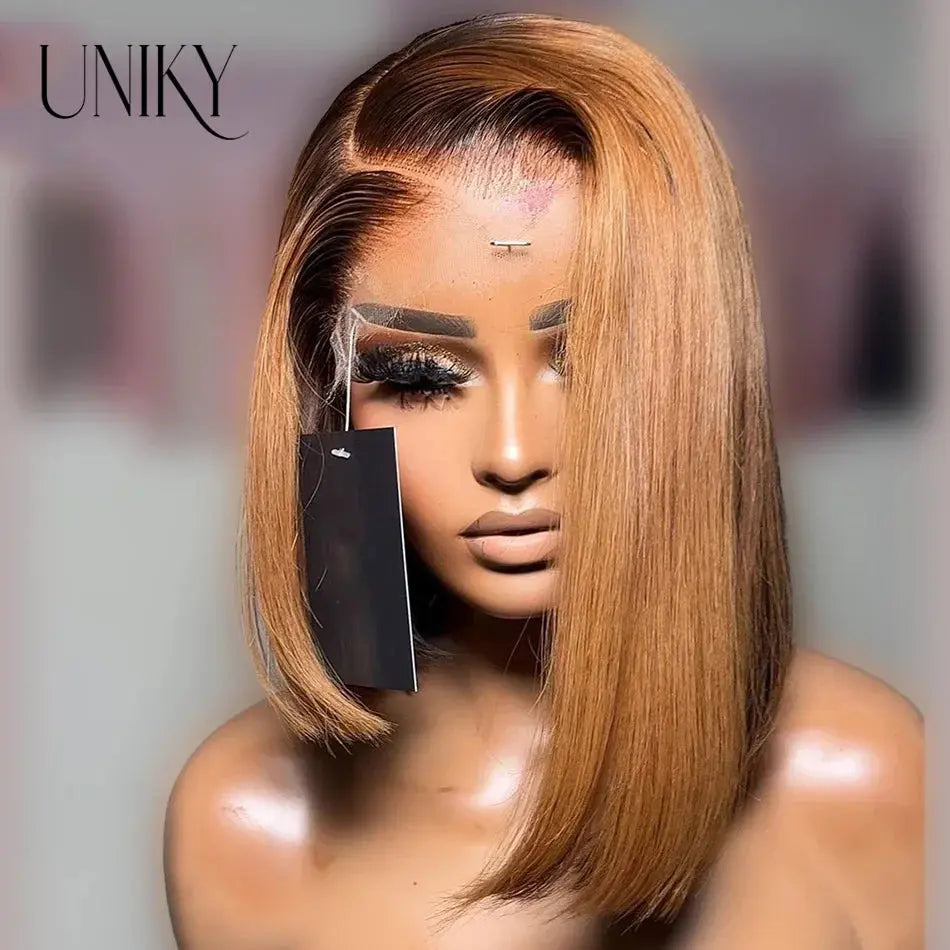 Short Straight Human Hair Ombre Blonde Cheap Short Bob Straight Wig For Black Women Transparent Lace Frontal Brazilian Remy 180% Beauty hair & fashionfj