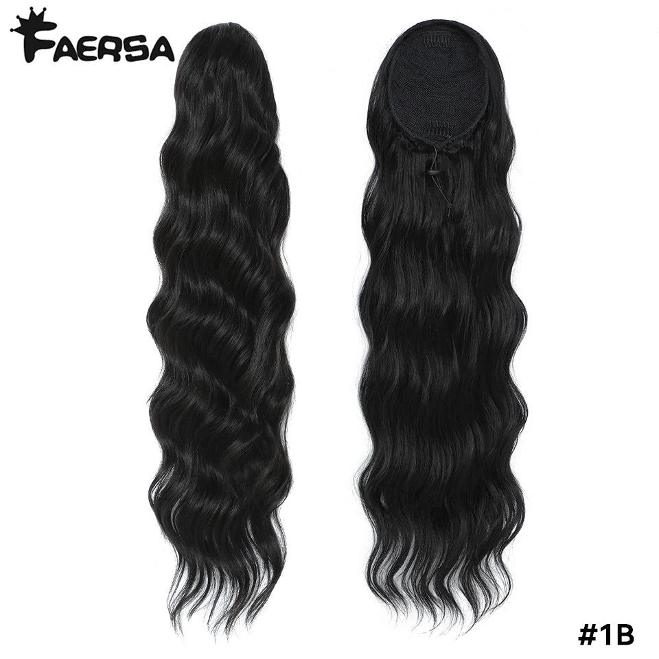 28 Inch Drawstring Ponytail Synthetic Hair Extensions For Black Women Long Wavy Clip-in High Temperature Pony Tail For Afro Girl