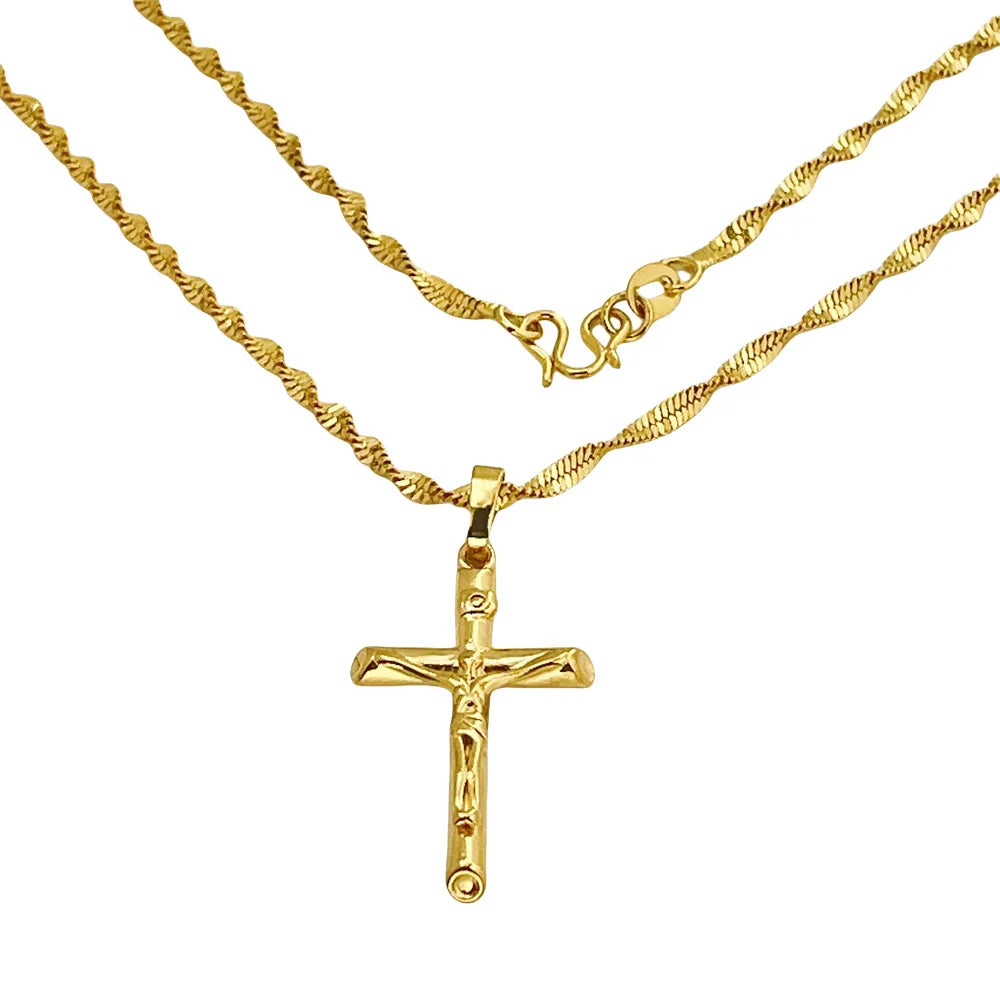 24K Gold AU999 Necklace | 3D double - layer cross, stacked with pearl chain, elegant & layered