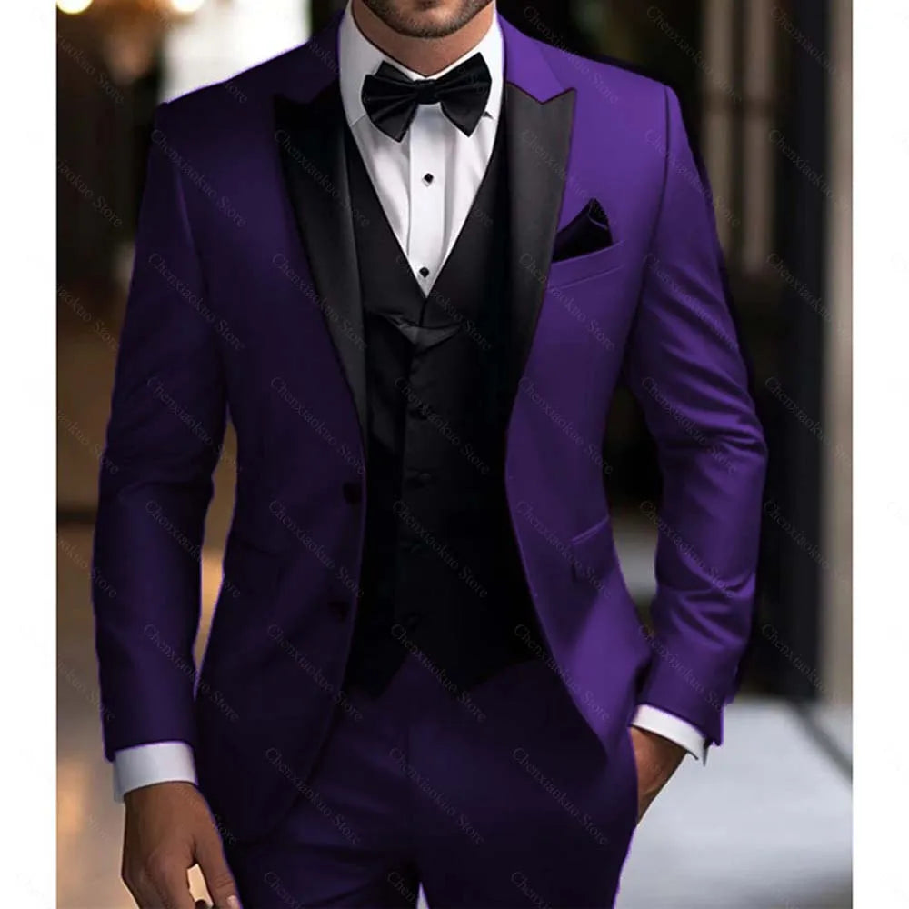 Men Suits 3 Piece Elegant Peak Lapel Single Breasted Tuxedo Slim Groom Wedding Party Formal Male Suit (Blazer+Vest+Pants) Beauty hair & fashionfj