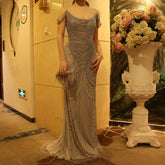 Sharon Said Luxury Crystal Silver Gray Mermaid Dubai Evening Dress Wedding Party Long Prom Graduation Gown 2025 SS403 Customized Beauty hair & fashionfj