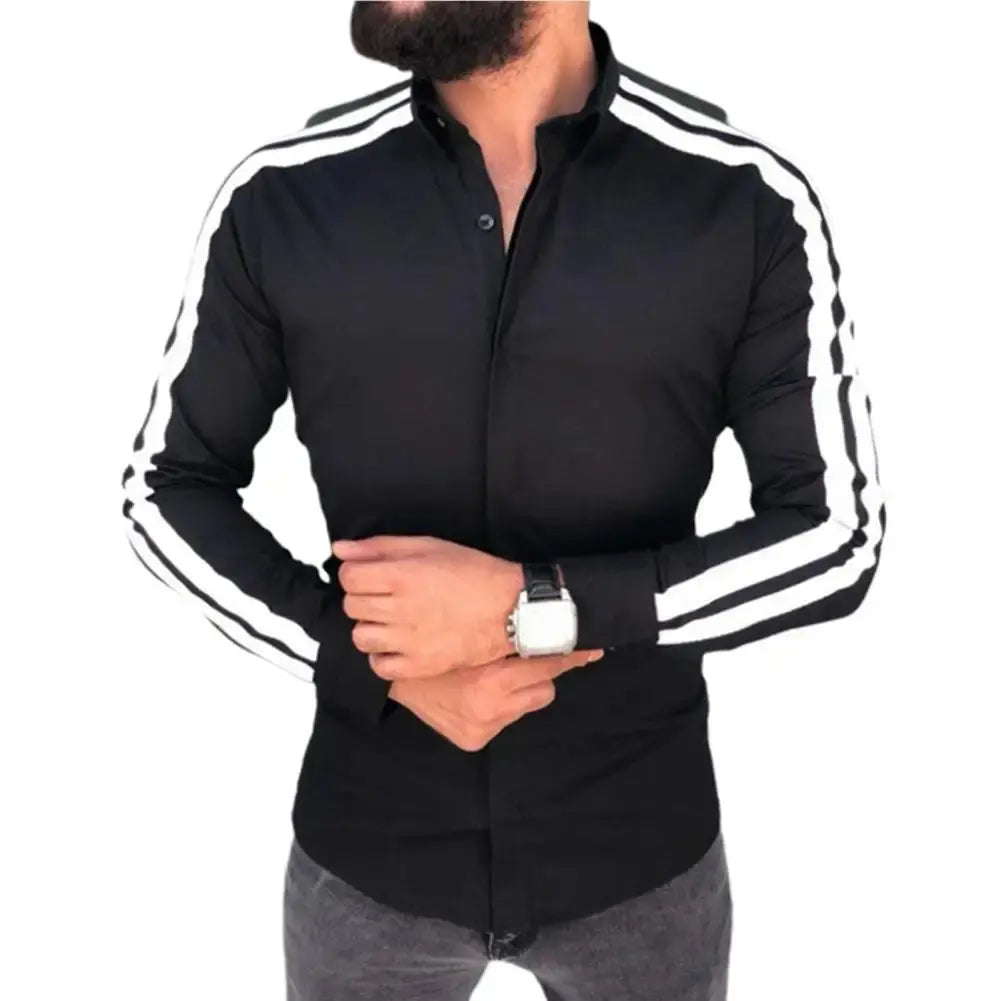 Long Sleeve Turn-down Collar Men Shirt Button Cuffs Side Striped Slim Office Shirt Leisure Clothing Casual Shirt korean popular Beauty hair & fashionfj